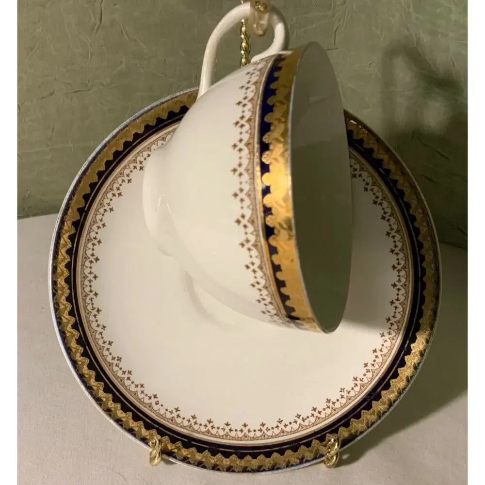 Cup & Saucer White w Blue/Gold Trim BOOTHS Silicon China England “OR REPOUSSE”